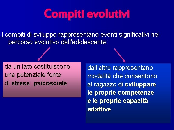 Compiti evolutivi I compiti di sviluppo rappresentano eventi significativi nel percorso evolutivo dell’adolescente: da