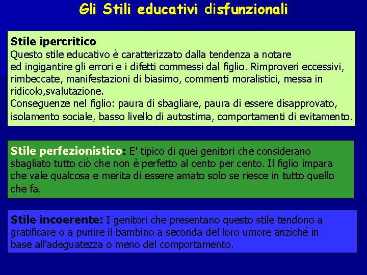 Gli Stili educativi disfunzionali Stile ipercritico Questo stile educativo è caratterizzato dalla tendenza a