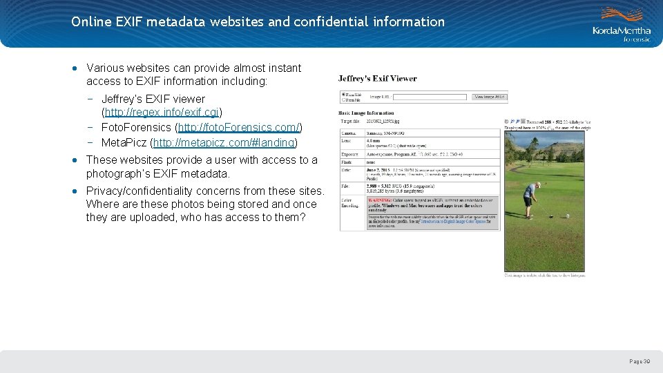 Online EXIF metadata websites and confidential information · Various websites can provide almost instant