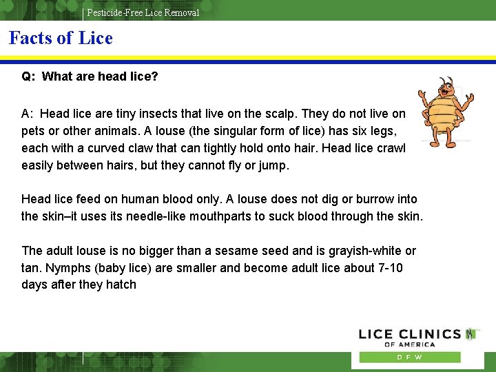 Pesticide-Free Lice Removal Facts of Lice Q: What are head lice? A: Head lice