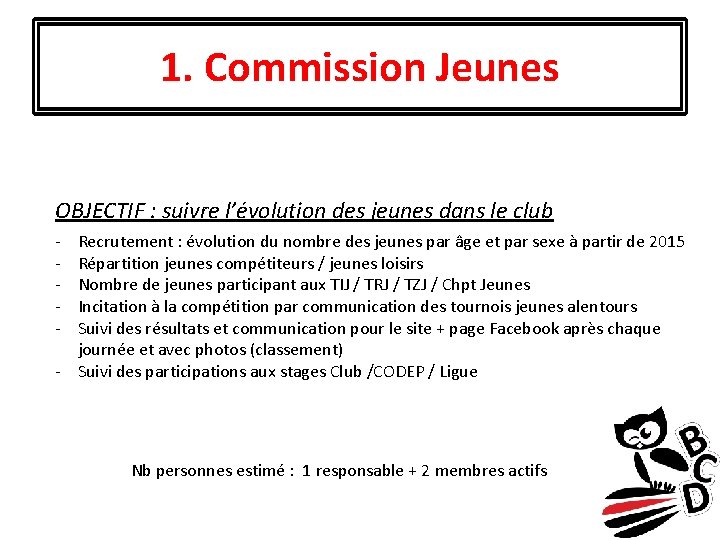 1. Commission Jeunes OBJECTIF : suivre l’évolution des jeunes dans le club - Recrutement