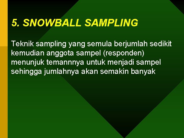 5. SNOWBALL SAMPLING Teknik sampling yang semula berjumlah sedikit kemudian anggota sampel (responden) menunjuk