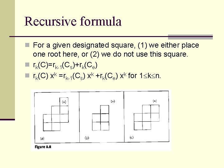 Recursive formula n For a given designated square, (1) we either place one root