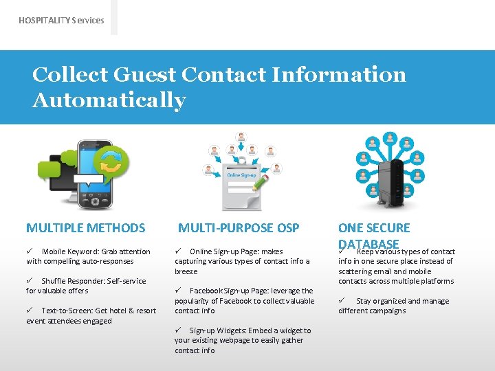 HOSPITALITY Services Collect Guest Contact Information Automatically MULTIPLE METHODS ü Mobile Keyword: Grab attention