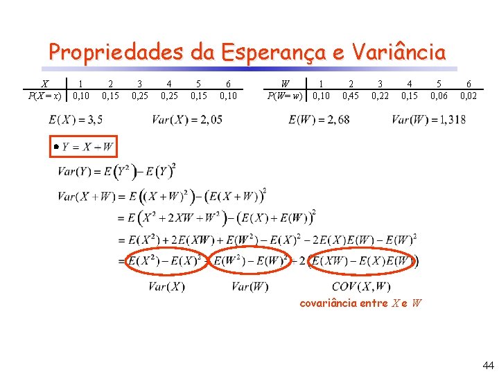 Propriedades da Esperança e Variância X P(X = x) 1 0, 10 2 0,