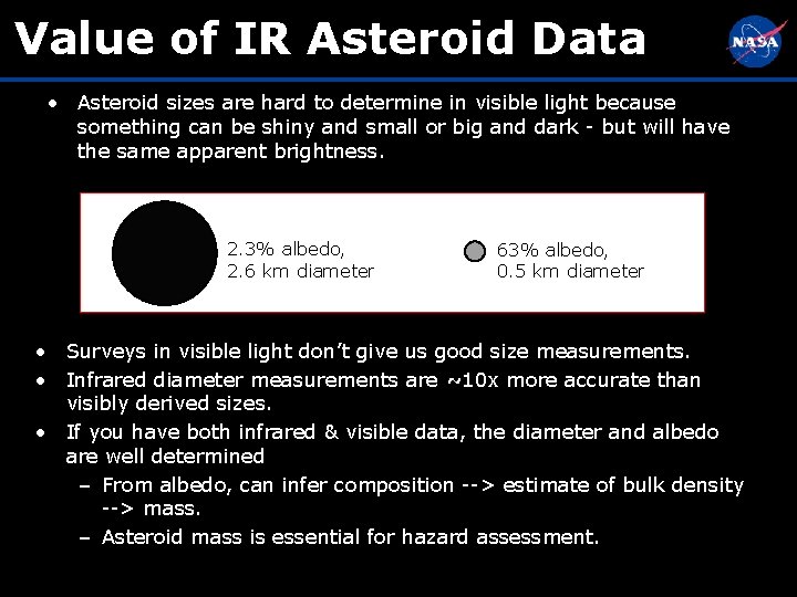 Value of IR Asteroid Data • Asteroid sizes are hard to determine in visible