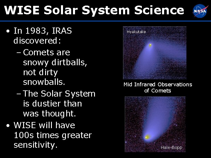 WISE Solar System Science • In 1983, IRAS discovered: – Comets are snowy dirtballs,