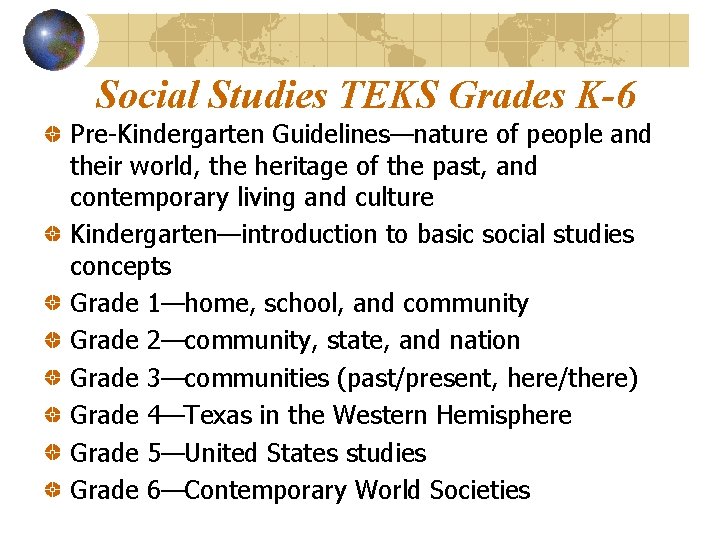 Social Studies TEKS Grades K-6 Pre-Kindergarten Guidelines—nature of people and their world, the heritage