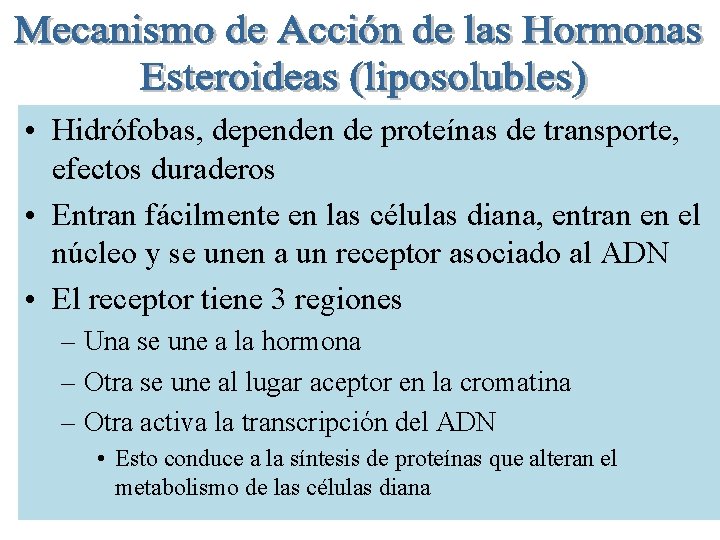  • Hidrófobas, dependen de proteínas de transporte, efectos duraderos • Entran fácilmente en