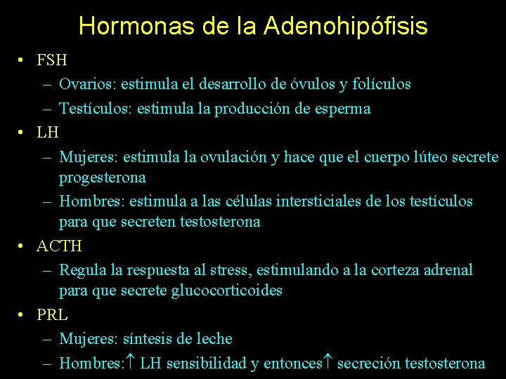 Hormonas de la Adenohipófisis • FSH – Ovarios: estimula el desarrollo de óvulos y