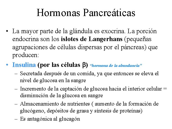 Hormonas Pancreáticas • La mayor parte de la glándula es exocrina. La porción endocrina