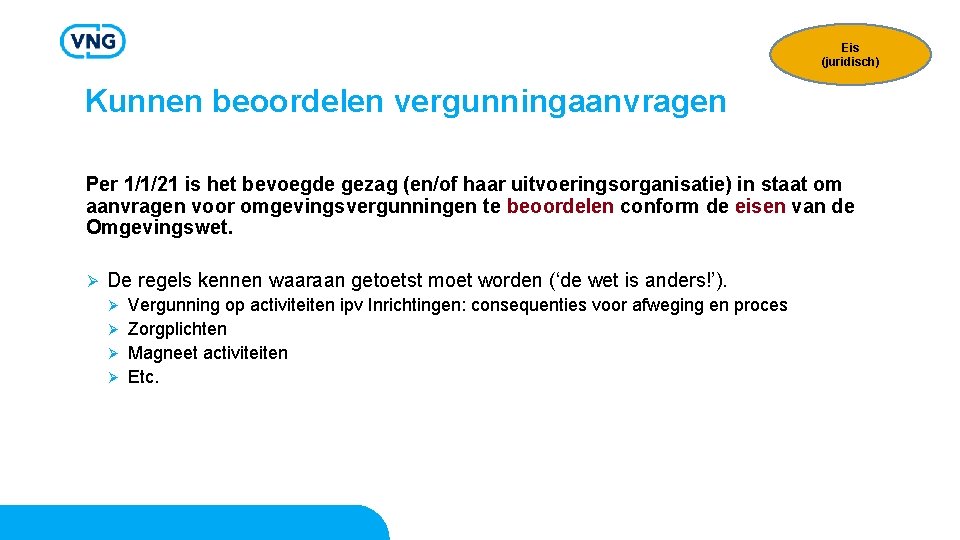 Eis (juridisch) Kunnen beoordelen vergunningaanvragen Per 1/1/21 is het bevoegde gezag (en/of haar uitvoeringsorganisatie)