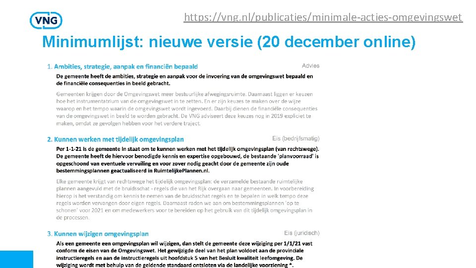 https: //vng. nl/publicaties/minimale-acties-omgevingswet Minimumlijst: nieuwe versie (20 december online) 