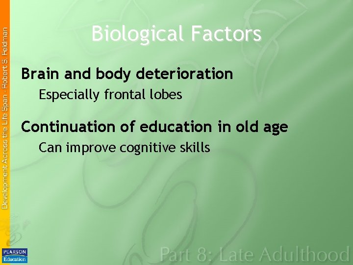 Biological Factors Brain and body deterioration Especially frontal lobes Continuation of education in old