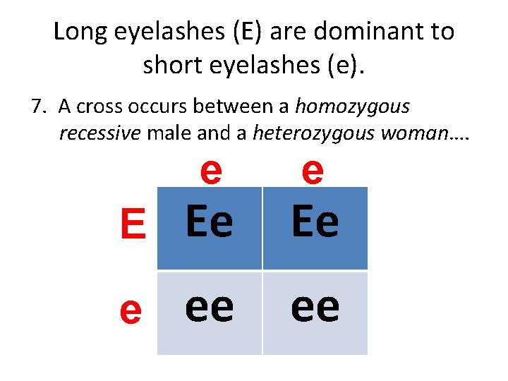Long eyelashes (E) are dominant to short eyelashes (e). 7. A cross occurs between