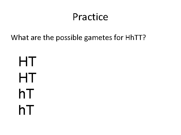 Practice What are the possible gametes for Hh. TT? HT HT h. T 
