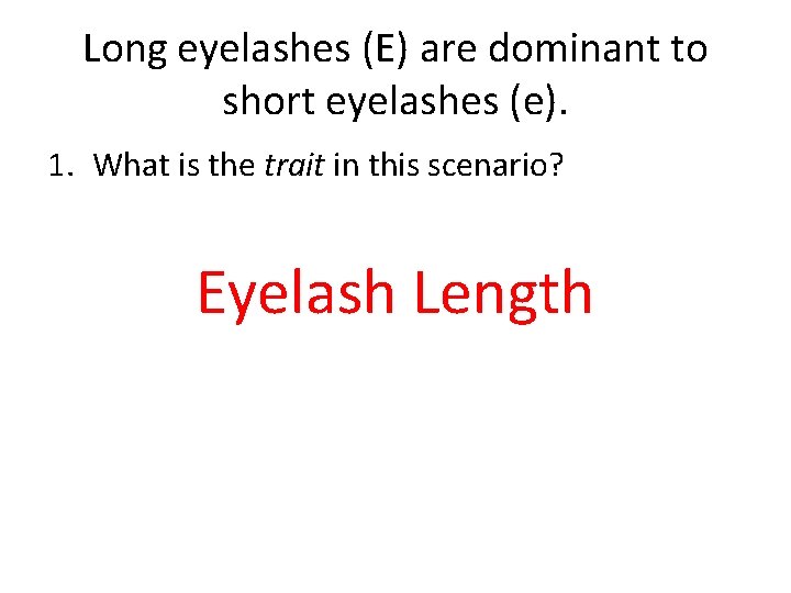 Long eyelashes (E) are dominant to short eyelashes (e). 1. What is the trait