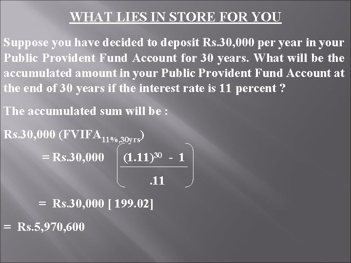 WHAT LIES IN STORE FOR YOU Suppose you have decided to deposit Rs. 30,