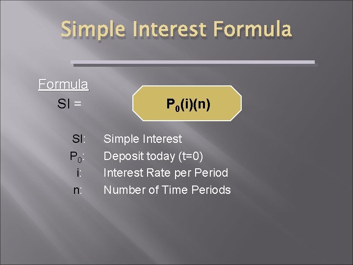 Simple Interest Formula SI = SI: P 0: i: n: P 0(i)(n) Simple Interest
