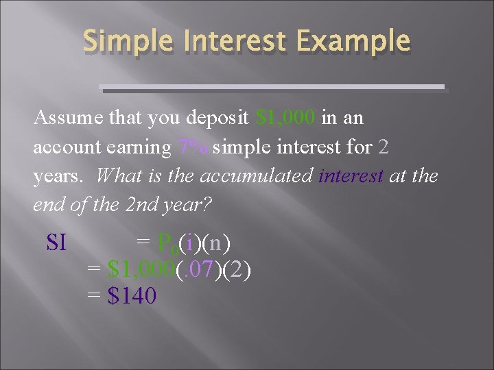 Simple Interest Example Assume that you deposit $1, 000 in an account earning 7%