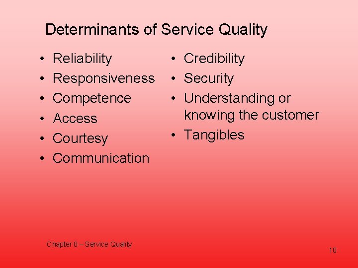 Determinants of Service Quality • • • Reliability Responsiveness Competence Access Courtesy Communication Chapter