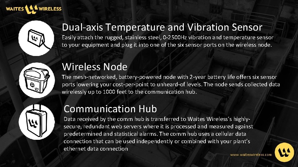 Dual-axis Temperature and Vibration Sensor Easily attach the rugged, stainless steel, 0 -2500 Hz