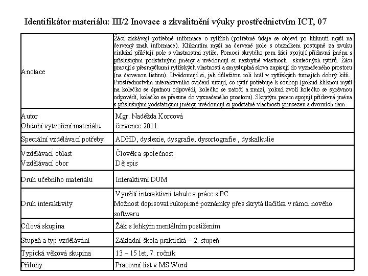 Identifikátor materiálu: III/2 Inovace a zkvalitnění výuky prostřednictvím ICT, 07 Anotace Žáci získávají potřebné