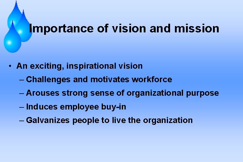 Importance of vision and mission • An exciting, inspirational vision – Challenges and motivates