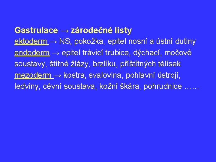 Gastrulace → zárodečné listy ektoderm → NS, pokožka, epitel nosní a ústní dutiny endoderm