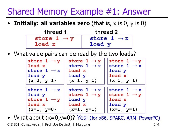 Shared Memory Example #1: Answer • Initially: all variables zero (that is, x is