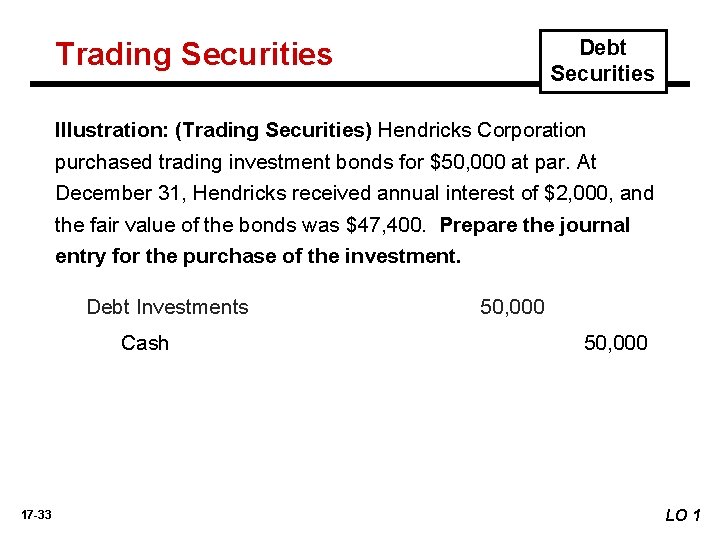 Debt Securities Trading Securities Illustration: (Trading Securities) Hendricks Corporation purchased trading investment bonds for