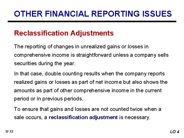 OTHER FINANCIAL REPORTING ISSUES Reclassification Adjustments The reporting of changes in unrealized gains or