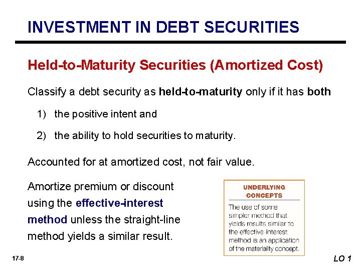 INVESTMENT IN DEBT SECURITIES Held-to-Maturity Securities (Amortized Cost) Classify a debt security as held-to-maturity