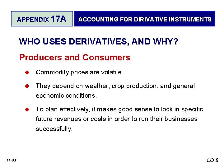 APPENDIX 17 A ACCOUNTING FOR DIRIVATIVE INSTRUMENTS WHO USES DERIVATIVES, AND WHY? Producers and