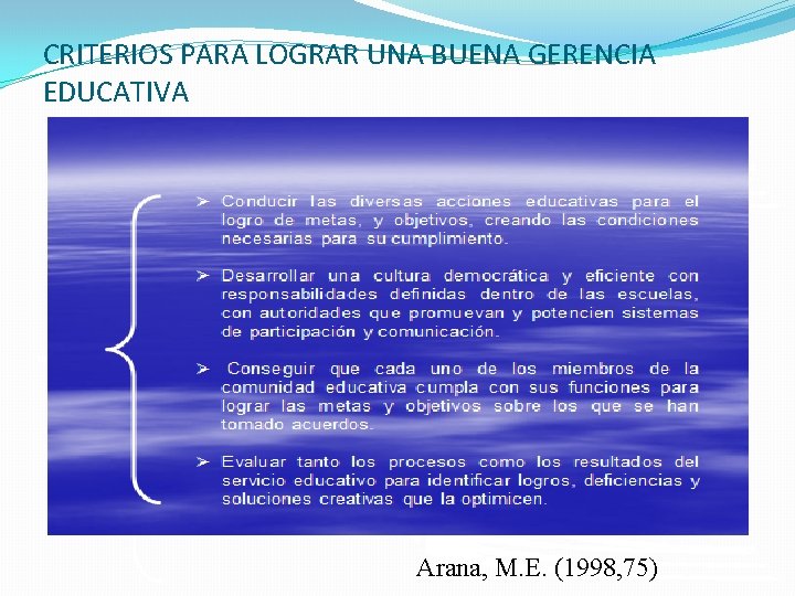 CRITERIOS PARA LOGRAR UNA BUENA GERENCIA EDUCATIVA Arana, M. E. (1998, 75) CRITERIOS PARA LOGRAR UNA BUENA GERENCIA EDUCATIVA Arana, M. E. (1998, 75)