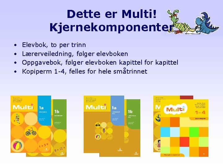 Dette er Multi! Kjernekomponenter • • Elevbok, to per trinn Lærerveiledning, følger elevboken Oppgavebok,