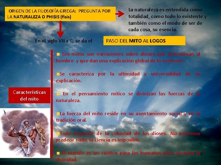 ORIGEN DE LA FILOSOFÍA GRIEGA: PREGUNTA POR LA NATURALEZA O PHISIS (fisis) En el