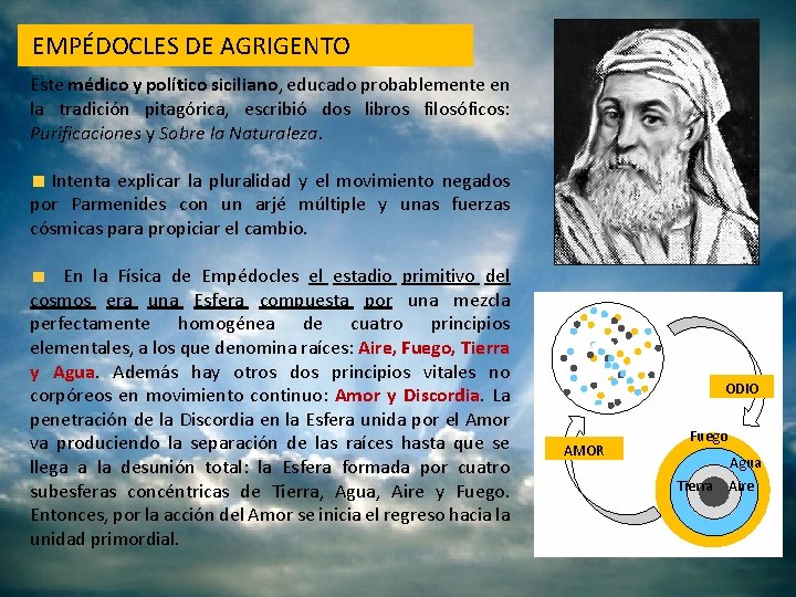 EMPÉDOCLES DE AGRIGENTO Este médico y político siciliano, educado probablemente en la tradición pitagórica,