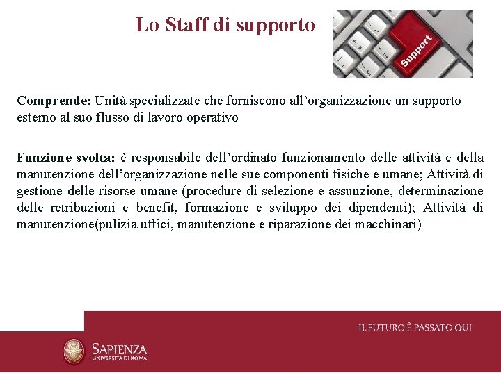 Lo Staff di supporto Comprende: Unità specializzate che forniscono all’organizzazione un supporto esterno al