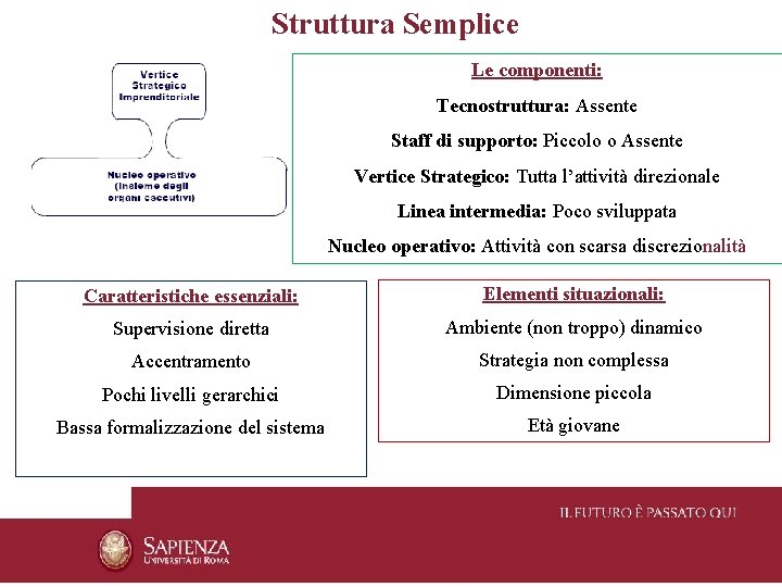 Struttura Semplice Le componenti: Tecnostruttura: Assente Staff di supporto: Piccolo o Assente Vertice Strategico: