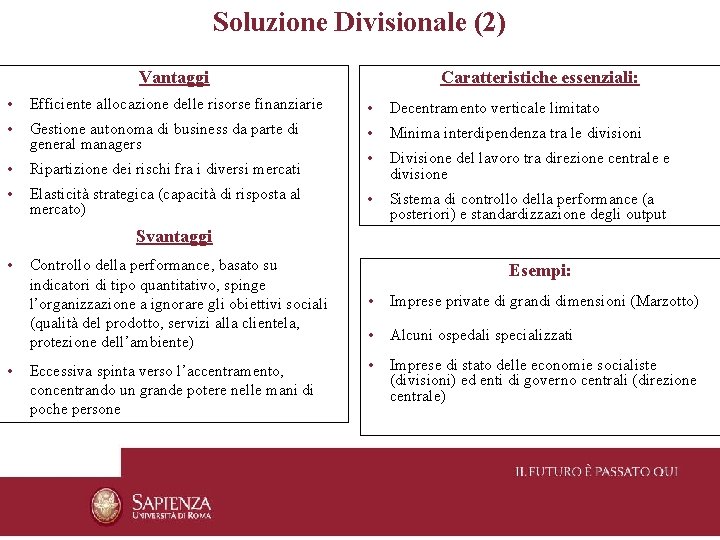 Soluzione Divisionale (2) Caratteristiche essenziali: Vantaggi • Efficiente allocazione delle risorse finanziarie • Decentramento