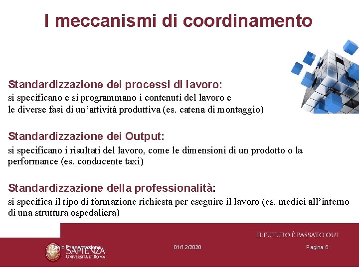 I meccanismi di coordinamento Standardizzazione dei processi di lavoro: si specificano e si programmano