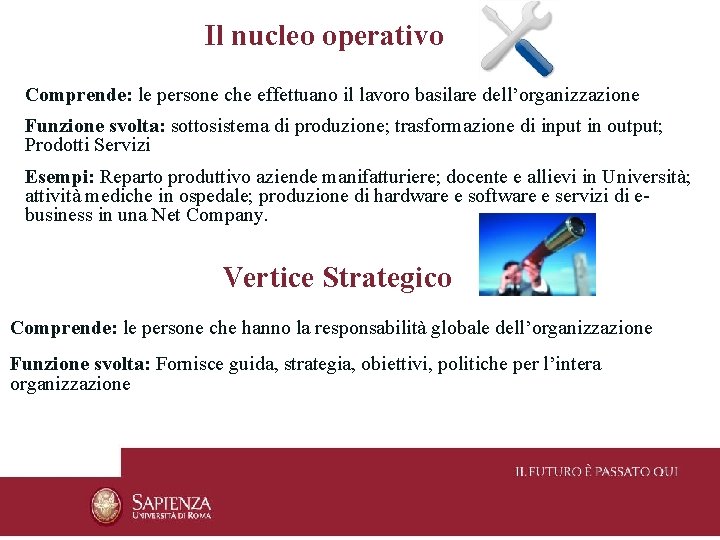 Il nucleo operativo Comprende: le persone che effettuano il lavoro basilare dell’organizzazione Funzione svolta:
