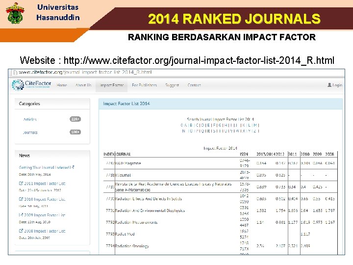 Universitas Hasanuddin 2014 RANKED JOURNALS RANKING BERDASARKAN IMPACT FACTOR Website : http: //www. citefactor.