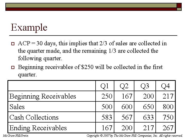 Example o o ACP = 30 days, this implies that 2/3 of sales are
