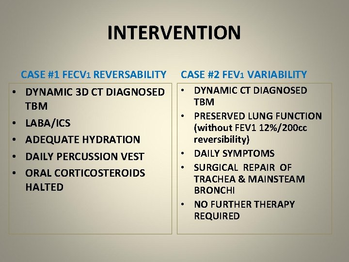 INTERVENTION CASE #1 FECV 1 REVERSABILITY • DYNAMIC 3 D CT DIAGNOSED TBM •