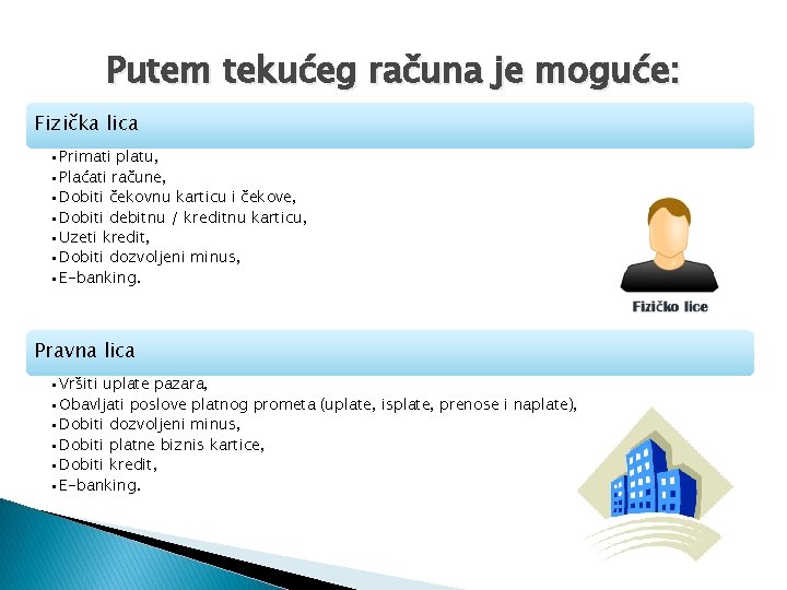 Putem tekućeg računa je moguće: Fizička lica • Primati platu, • Plaćati račune, • Putem tekućeg računa je moguće: Fizička lica • Primati platu, • Plaćati račune, •