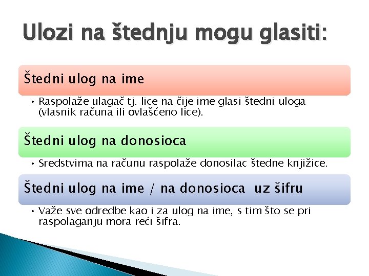 Ulozi na štednju mogu glasiti: Štedni ulog na ime • Raspolaže ulagač tj. lice Ulozi na štednju mogu glasiti: Štedni ulog na ime • Raspolaže ulagač tj. lice