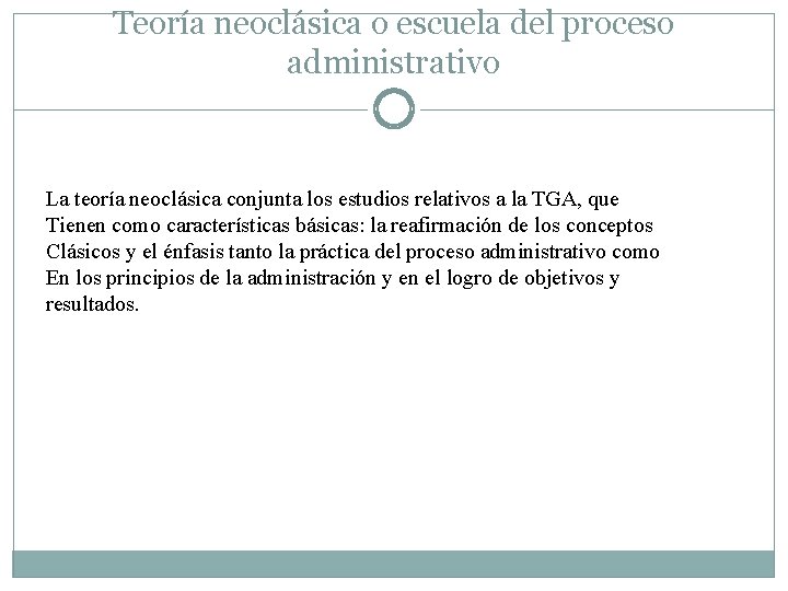 Teoría neoclásica o escuela del proceso administrativo La teoría neoclásica conjunta los estudios relativos Teoría neoclásica o escuela del proceso administrativo La teoría neoclásica conjunta los estudios relativos