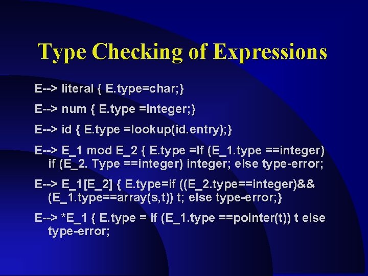 Type Checking of Expressions E--> literal { E. type=char; } E--> num { E. Type Checking of Expressions E--> literal { E. type=char; } E--> num { E.